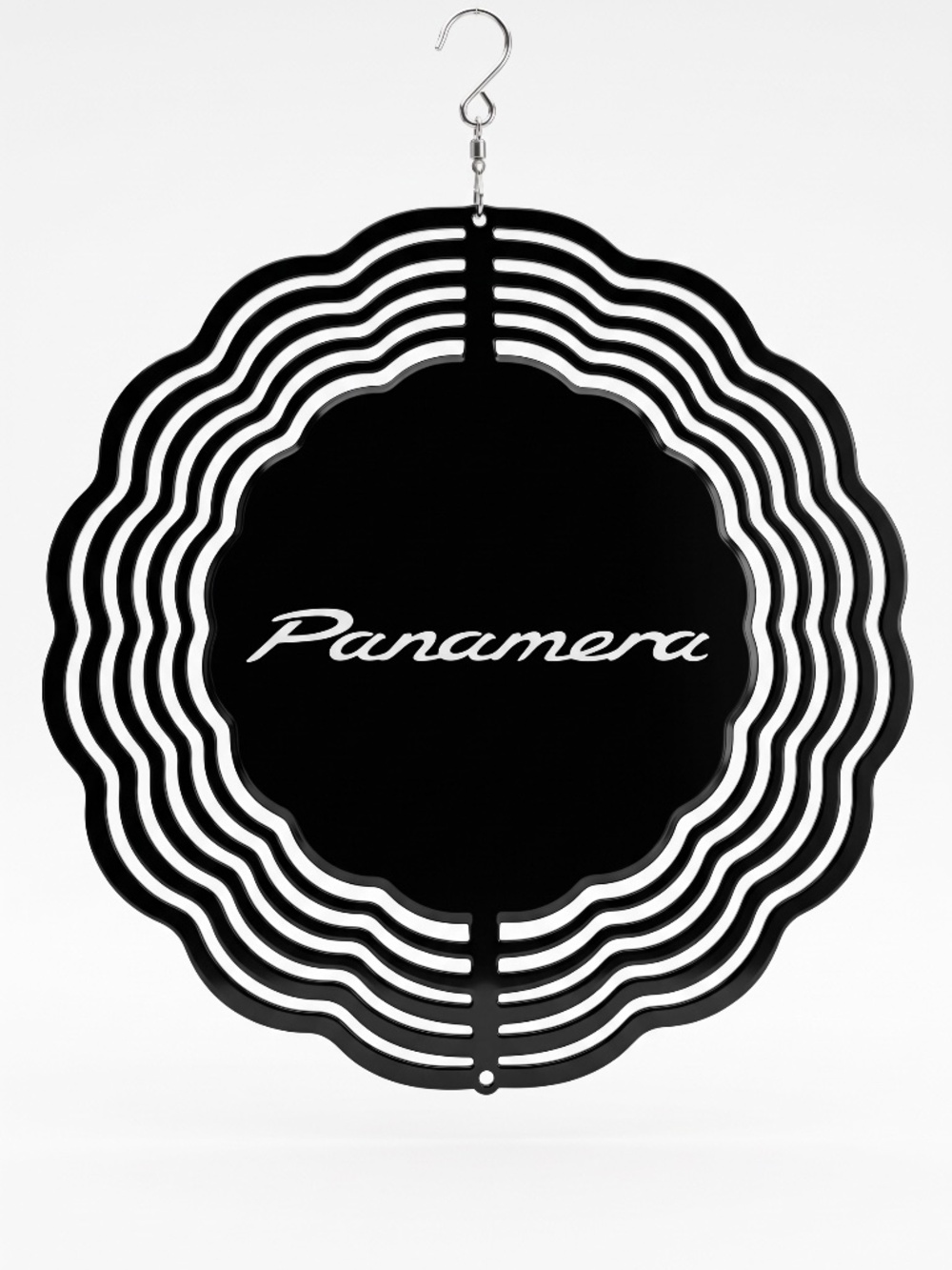 10" Porsche Panamera Script Kinetic Wind Spinner - Black Metal Yard Decor